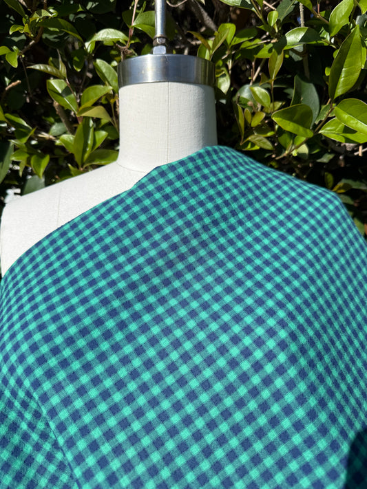 Green Blue Ditsy Gingham Plaid Sheer Cotton Voile "Spinach Farm"