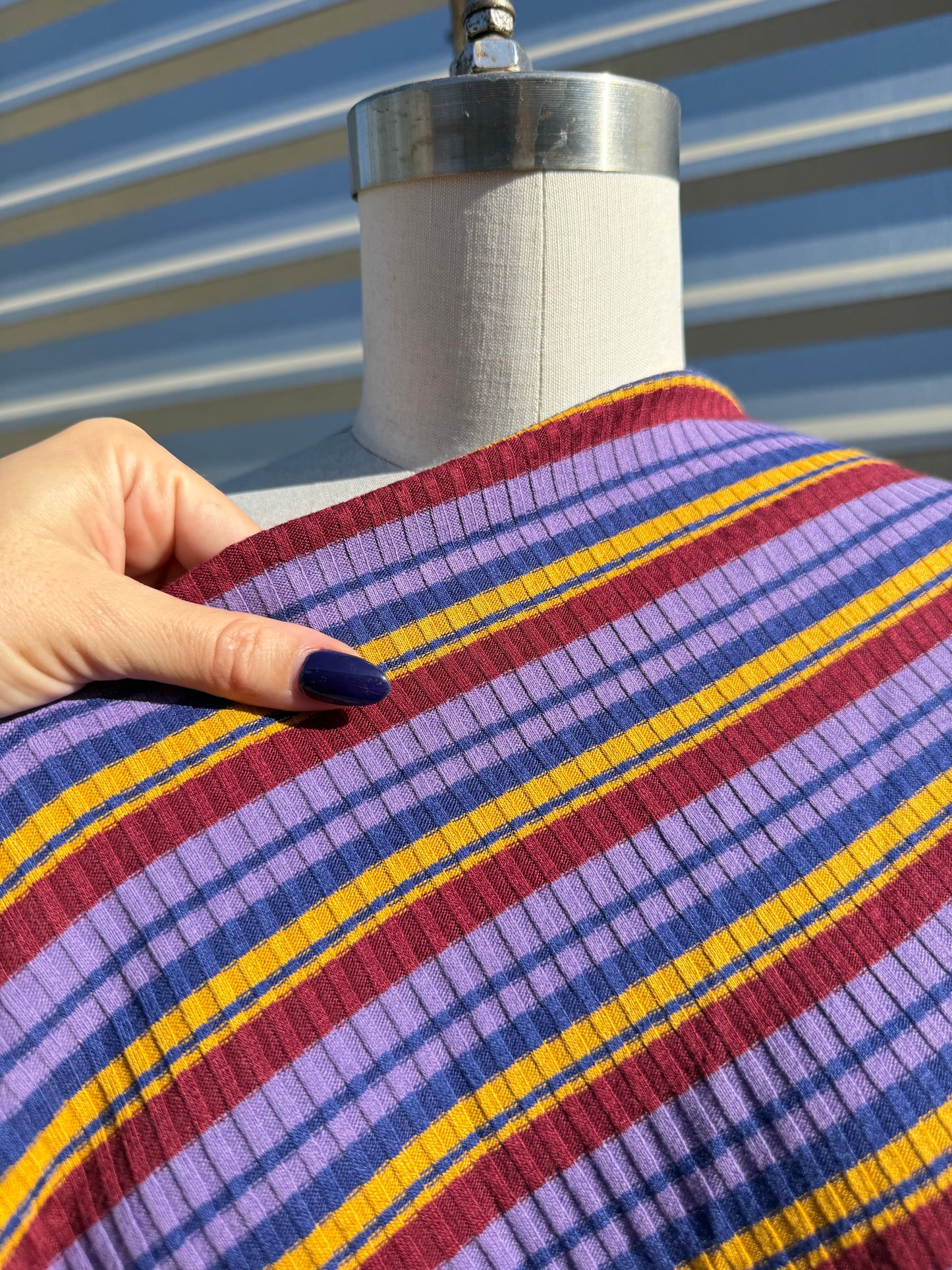 Blue Purple Gold Brown Retro Stripe 3x1 Soft Rayon Spandex Rib Knit "First Day”