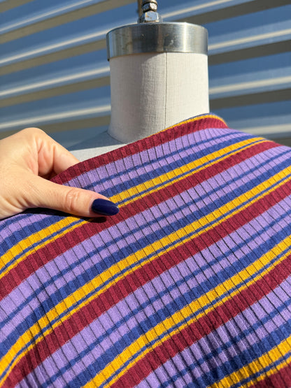 Blue Purple Gold Brown Retro Stripe 3x1 Soft Rayon Spandex Rib Knit "First Day”