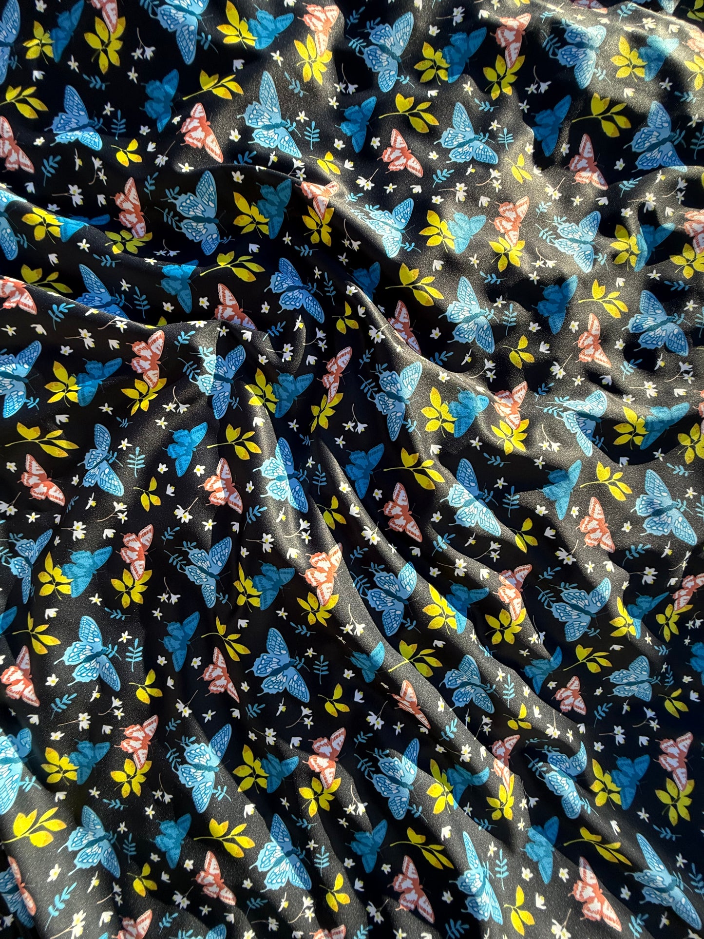 Blue Pink White Yellow Butterfly Floral Print Polyester Spandex Knit "Night Flutters"