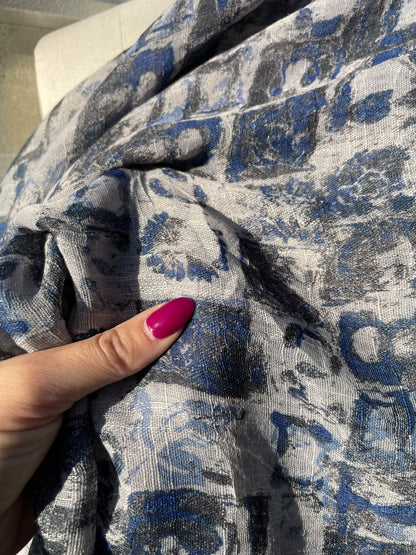 Blue Grey Abstract Sheer Gauze Rayon "Blue is a Mood"