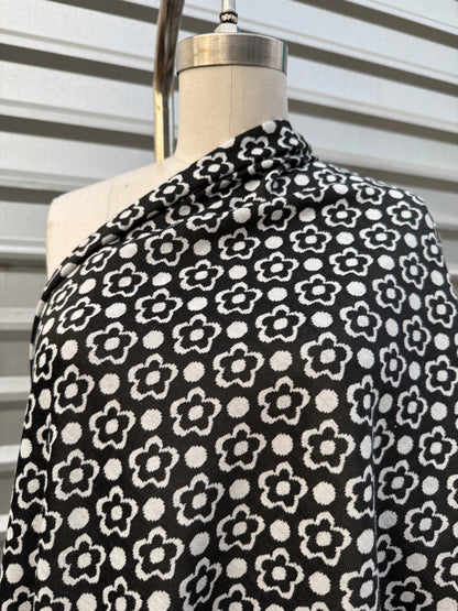 Black White Retro Daisy Dot Print Polyester Spandex Ponte "Night with Oliva"