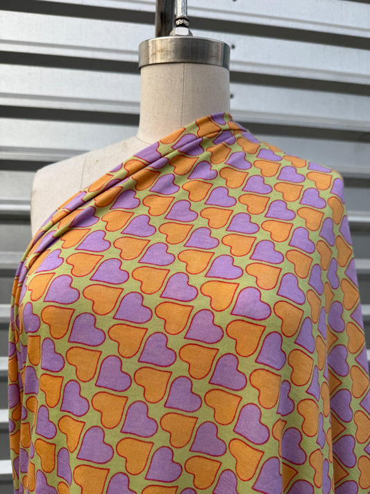 Green Orange Purple Hearts Cotton Jersey "Printed Tenderness"