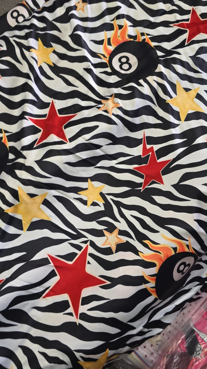 White Black Yellow Zebra Flaming 8 Ball Polyester Charmeuse “Dan Flashes Billiard”