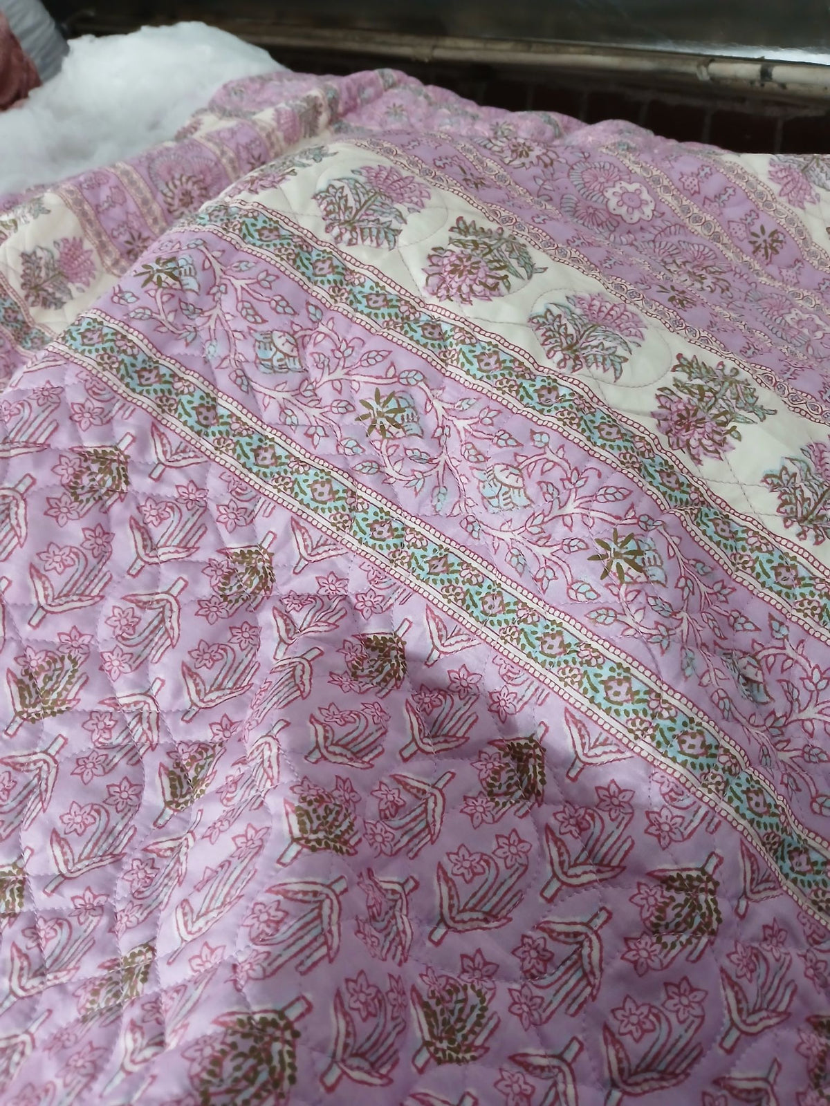 Pink White Block Floral  Print Cotton Sateen Quilted “Keya”