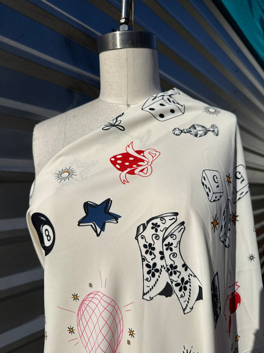 Ivory Pink red Cherry Disco Cowgirl Motif Polyester Charmeuse "Lucky Livin' "