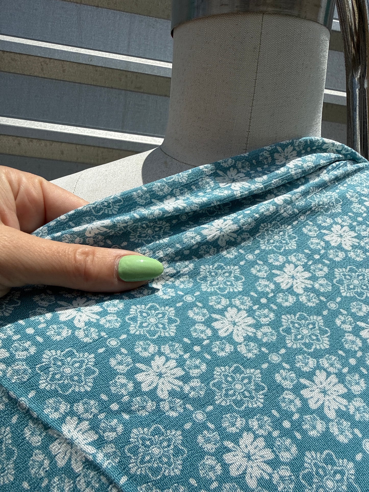 Blue White Folk Floral Rayon Crepe Woven "Blue All The Way"
