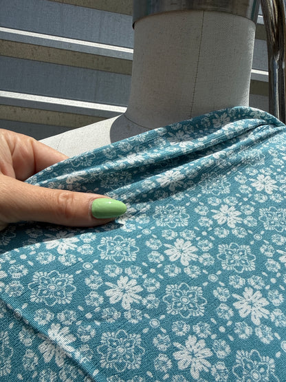 Blue White Folk Floral Rayon Crepe Woven "Blue All The Way"