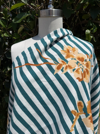 Teal White Stripe Tan Tropical Floral Print Cotton Linen Fabric "Hampton Hottie"