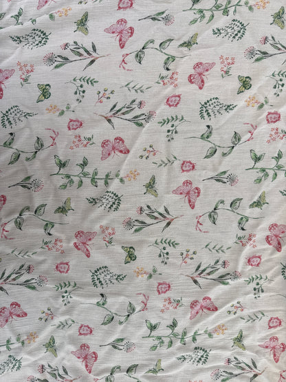 White Green Pink Butterfly Floral Print Rayon Crepe "Painted Lady"