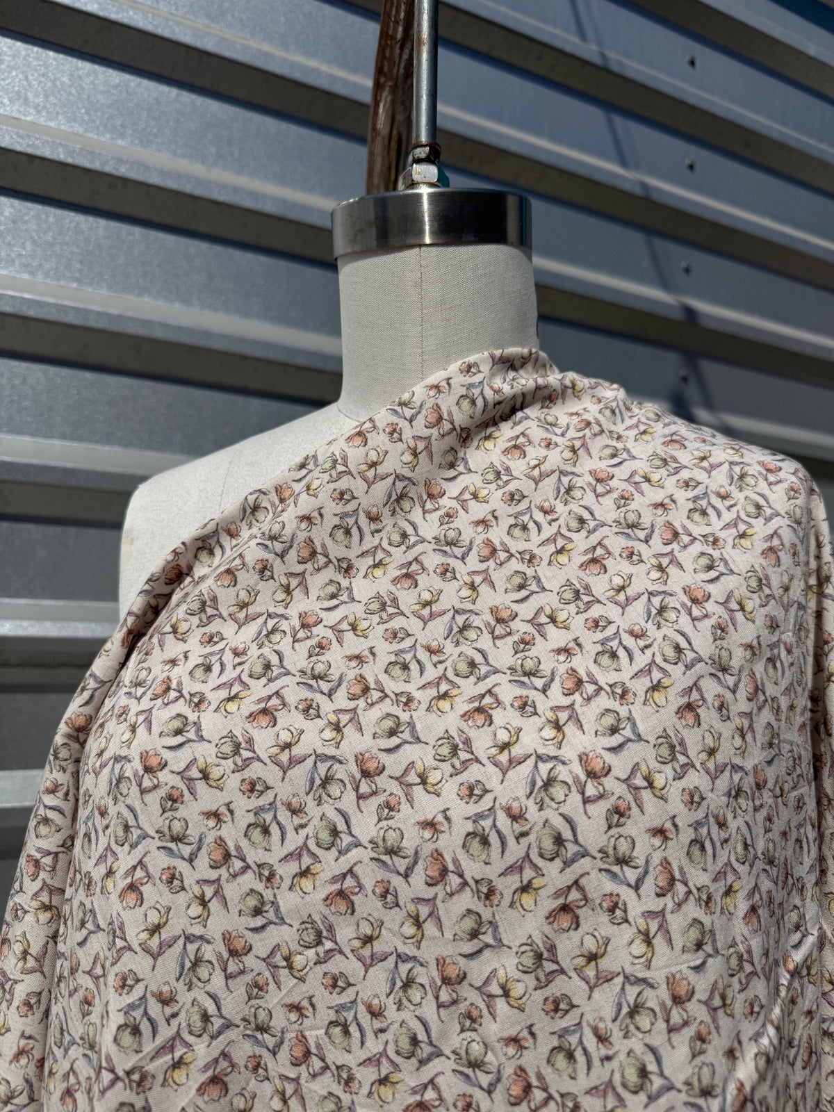 Taupe Green Yellow Peach Ditsy Tulip Floral Rayon Crepe Woven "Mini Blooms"