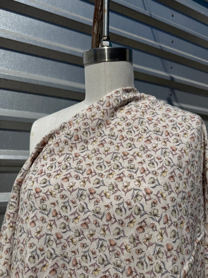 Taupe Green Yellow Peach Ditsy Tulip Floral Rayon Crepe Woven "Mini Blooms"