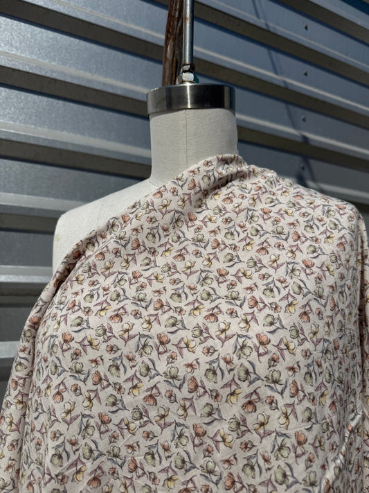 Taupe Green Yellow Peach Ditsy Tulip Floral Rayon Crepe Woven "Mini Blooms"