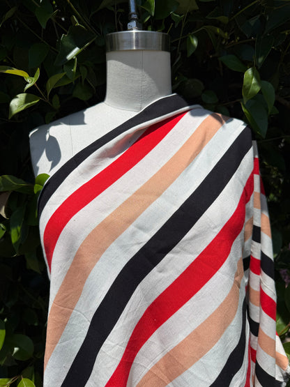 White Red Coral Black Vertical Stripe Rayon Challis Woven "Coral Chic"