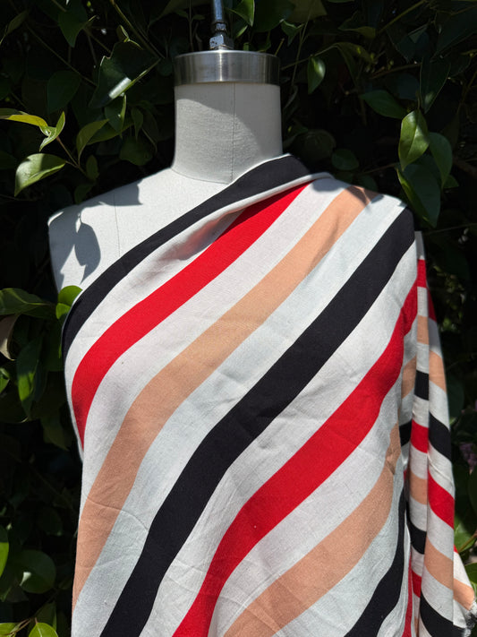 White Red Coral Black Vertical Stripe Rayon Challis Woven "Coral Chic"