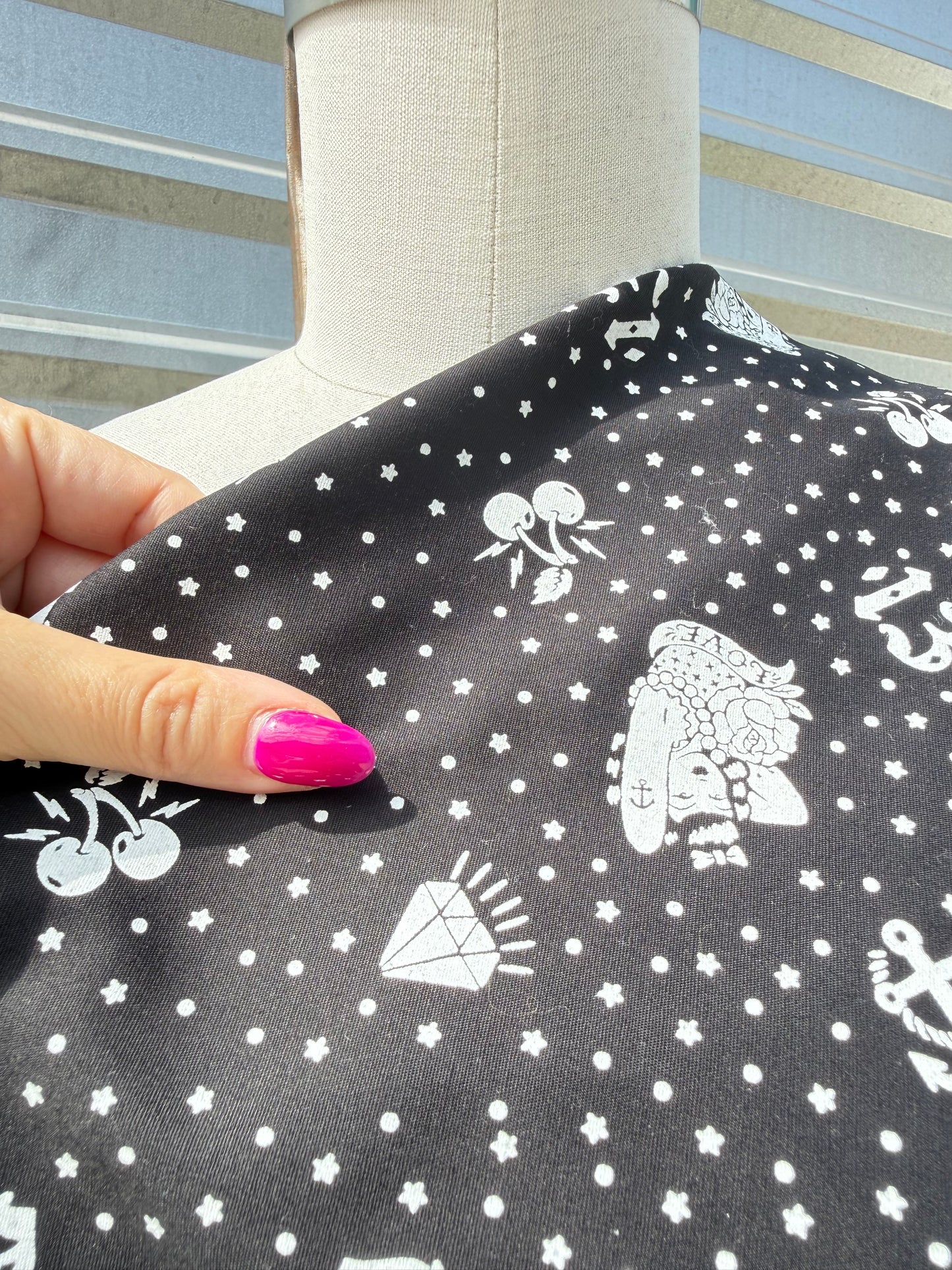 Black White Sailor Tattoo Print Cotton Poplin Woven “Lucky Girl”