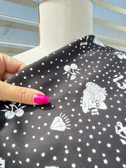 Black White Sailor Tattoo Print Cotton Poplin Woven “Lucky Girl”