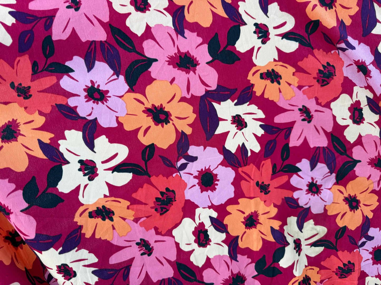 Magenta Purple Brown Retro Daisy Floral Print Polyester Crepe Woven "Me Mumu"