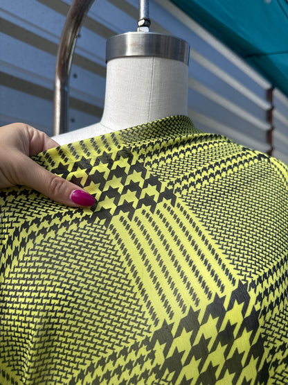 Black Neon Yellow Mixed Sized Houndstooth Print Sheer Polyester Chiffon "Neon Stars"