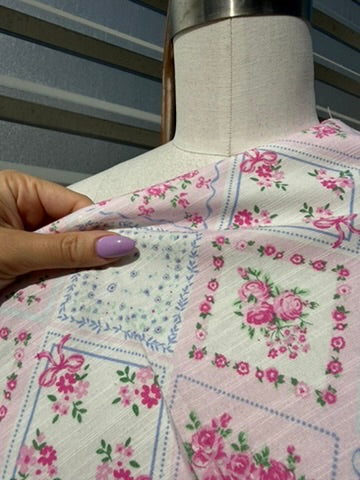 Pink white Floral Plaid Ribbon Bow Print Cotton Linen Fabric "Pretty Polly"