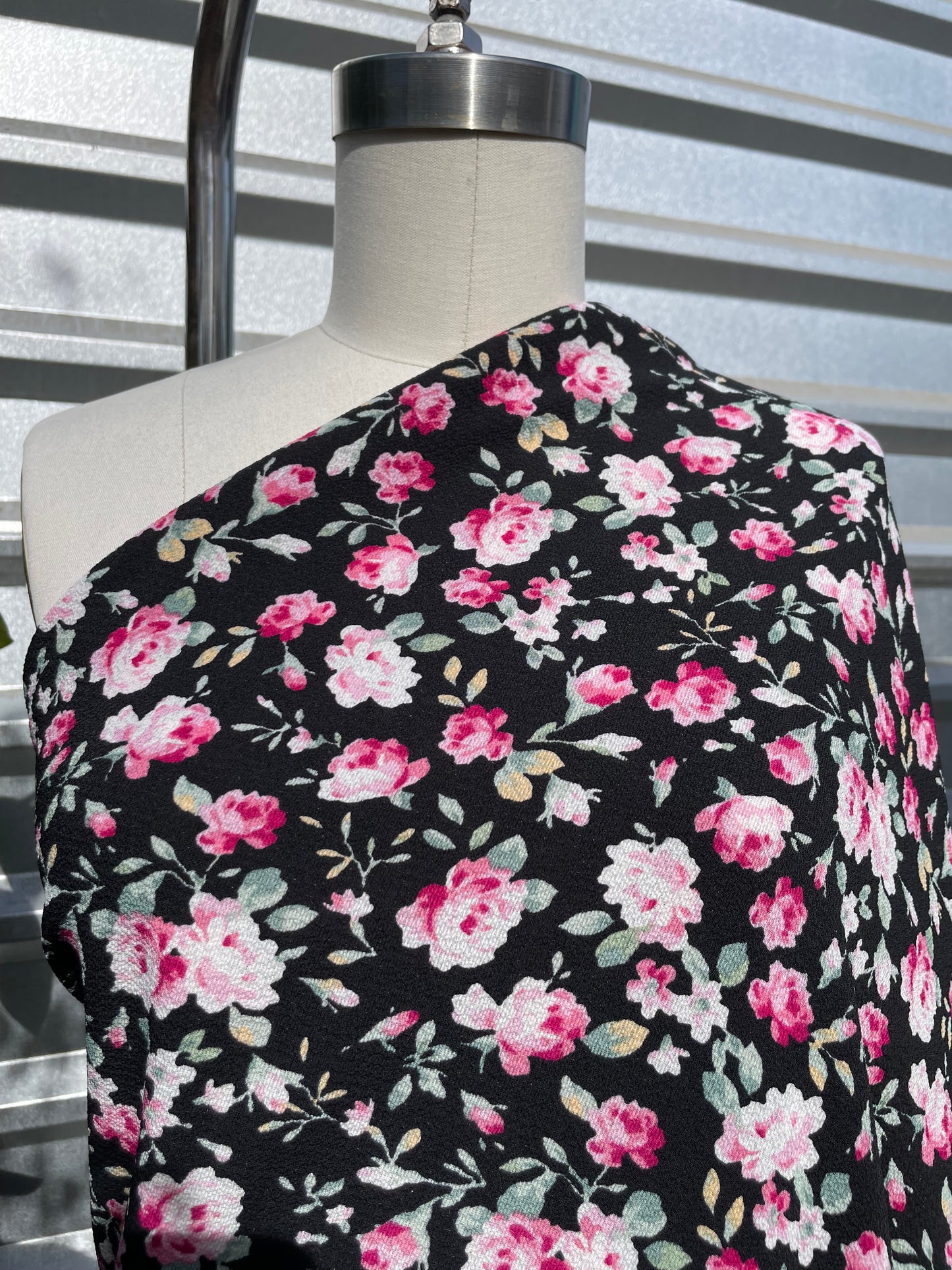 Black Pink Green Roses Vine Polyester Crepe " Mila's Garden"
