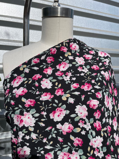 Black Pink Green Roses Vine Polyester Crepe " Mila's Garden"