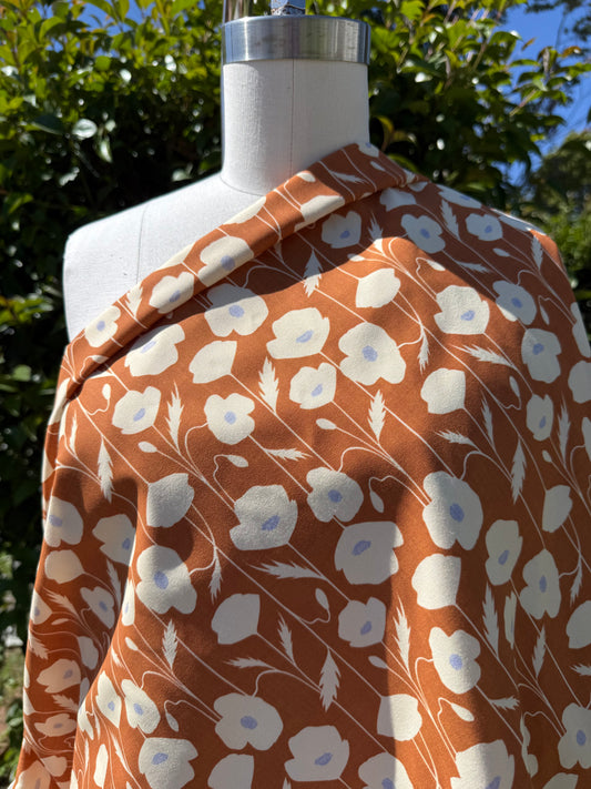 Gold Rust White Floral Print Lightweight Cotton Twill Woven "Caramel Wildflowers"