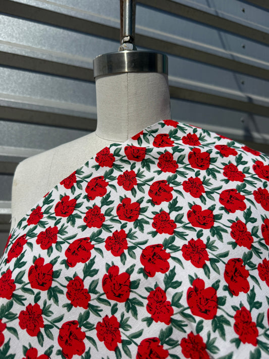 Red Rose White Green Print Cotton Linen Fabric "Juliet"