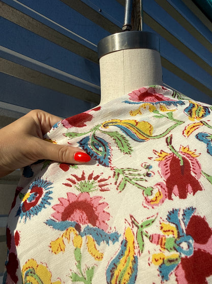 White Pink Yellow Green Floral Paisley Flower Print Cotton Gauze Woven "Dawn in Bali"