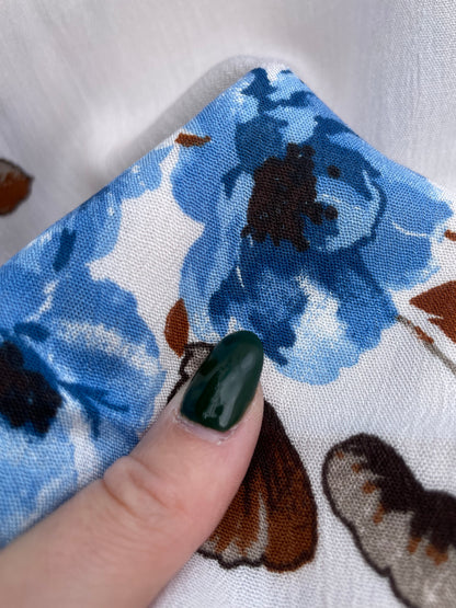 White Blue Floral Soft Rayon Crepe Woven “Parker’s Poises”