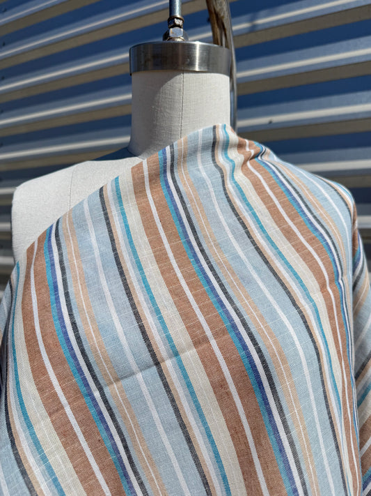 Blue Taupe Cream Vertical Stripe Cotton Gauze Woven "Dana Point"