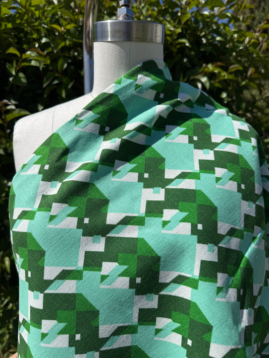 Green Mint White Geometric Print Cotton/Linen "Pixelated Forest"