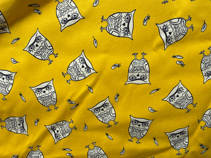 Yellow White Owl Print Cotton Spandex Sateen Woven "Life's a Hoot"