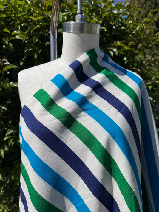 White Blue Green Vertical Stripe Rayon Challis Woven "Mike Ike"