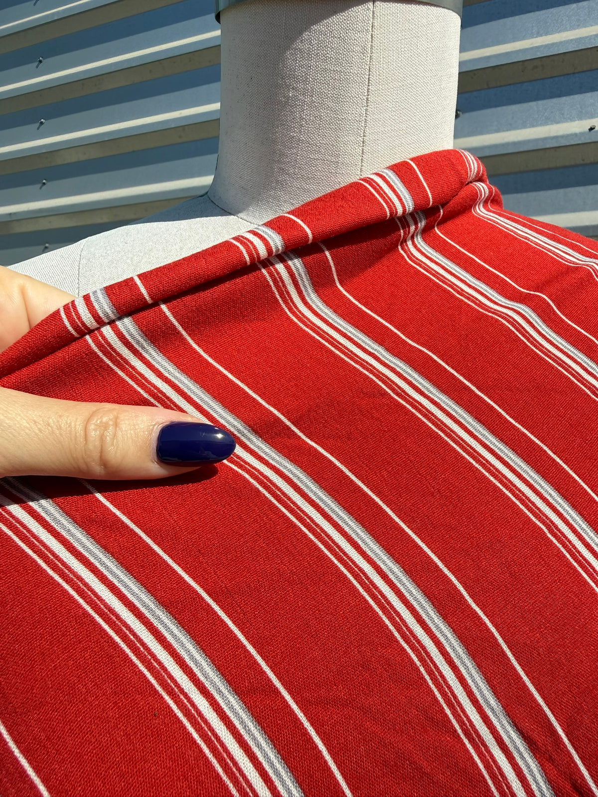 Brick Red White Blue Stripe Rayon Crepe Woven "Flynn"