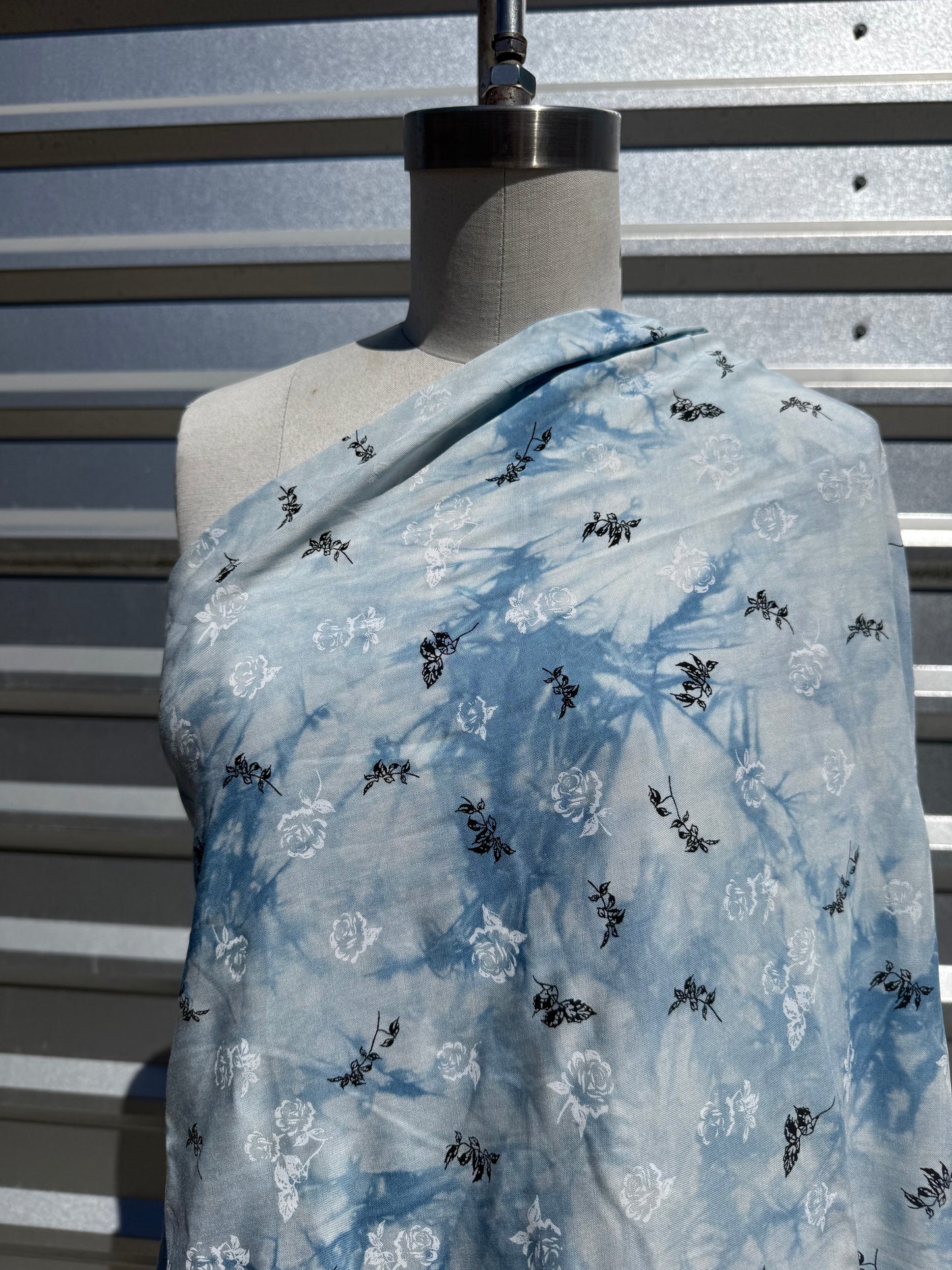 Blue White Black Floral Tie-dye Rayon Challis Woven "Icy Nightblooms"