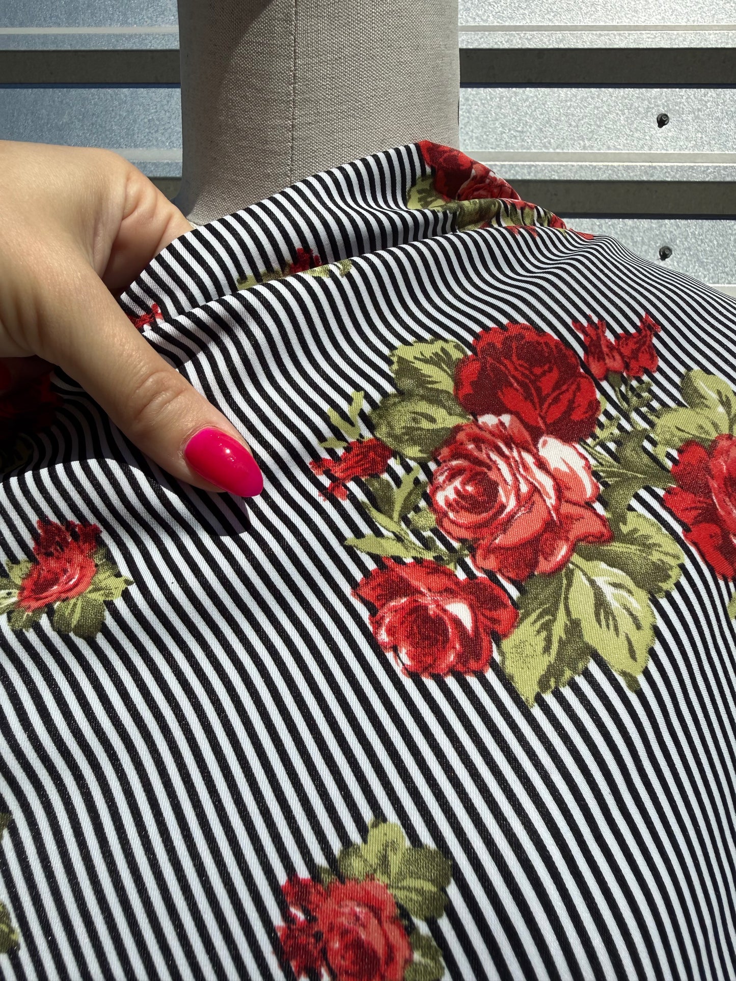 Black White Red Green Rose Floral Thin Stripe Polyester Woven "Darling Rosie"