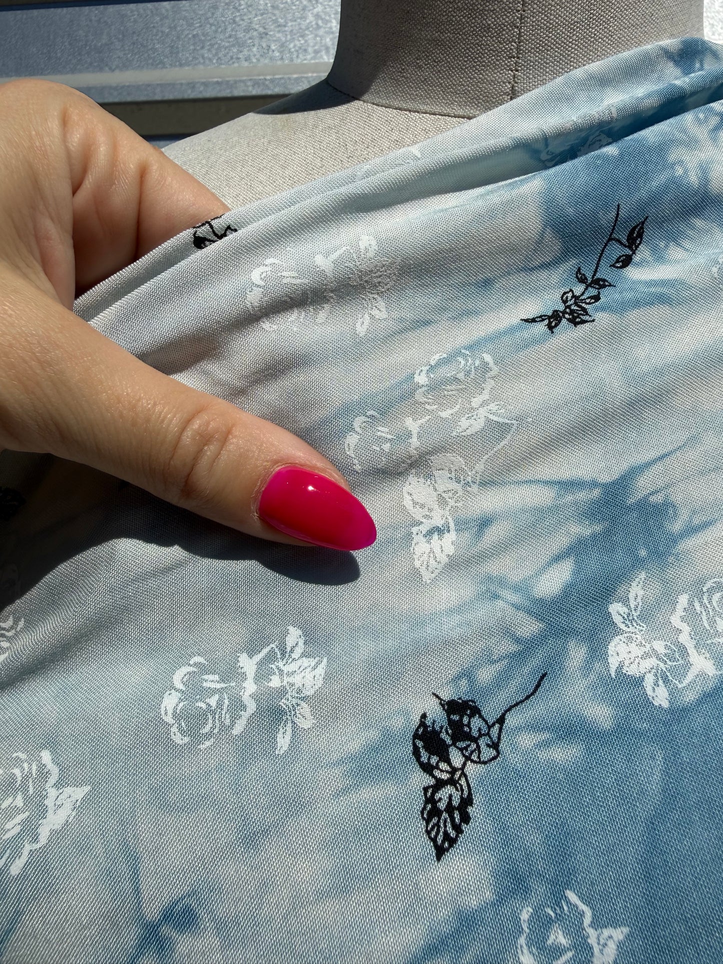 Blue White Black Floral Tie-dye Rayon Challis Woven "Icy Nightblooms"