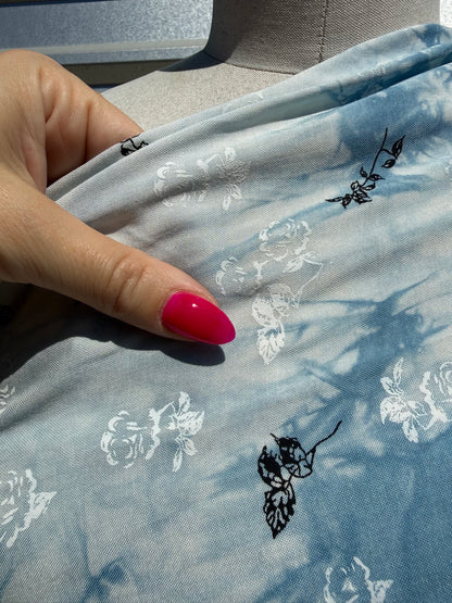 Blue White Black Floral Tie-dye Rayon Challis Woven "Icy Nightblooms"