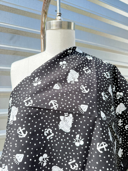 Black White Sailor Tattoo Print Cotton Poplin Woven “Lucky Girl”