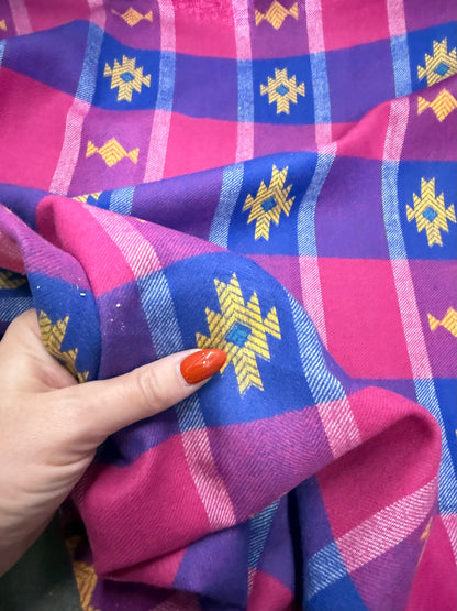Blue Pink Yellow Southwest Geometric Cotton Plaid Flannel "Nighttime at Aurora Cabin”