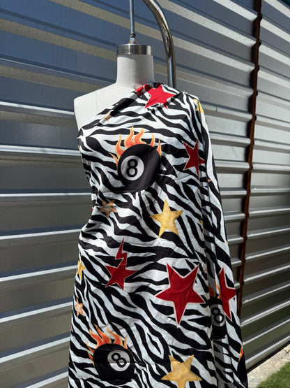 White Black Yellow Zebra Flaming 8 Ball Polyester Charmeuse “Dan Flashes Billiard”