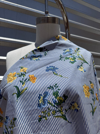 Blue White Yellow Floral Stripe Cotton Poplin “Martha Memories “