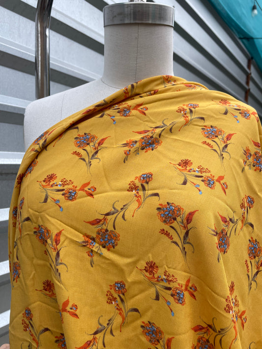 Golden Yellow Orange Blue Floral Rayon Challis "Sunrise with Annie O"