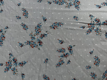 White Blue Pink Floral Swissdot Rayon Crepe Woven "Blanca Blooms"