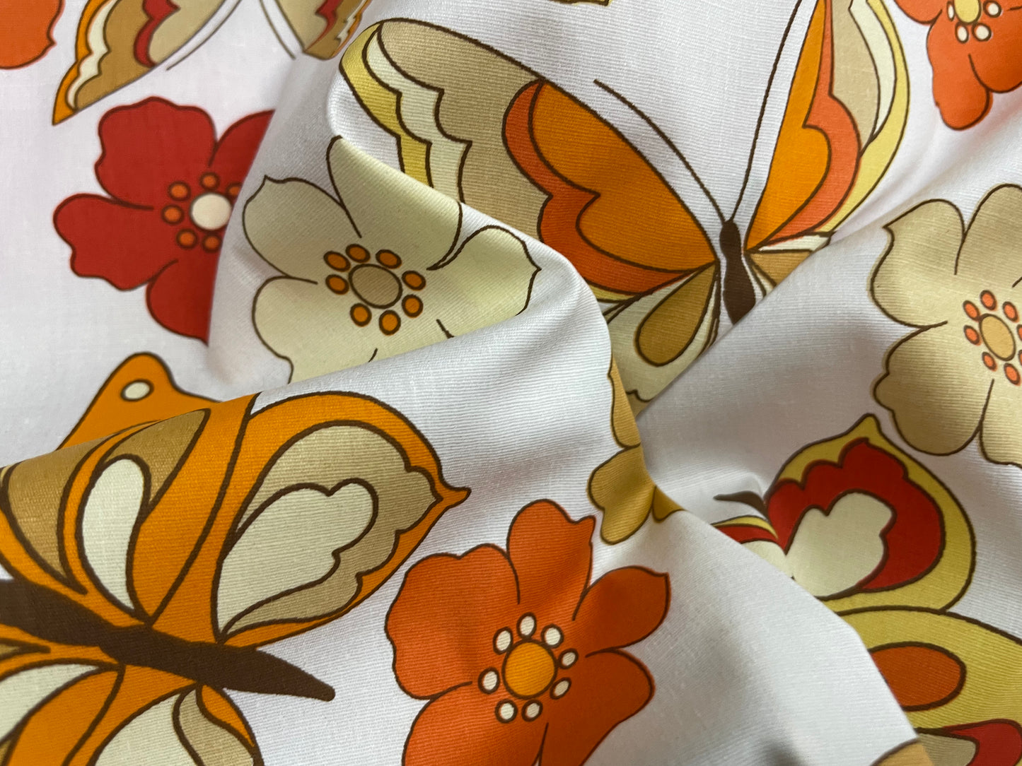 White Orange Rust Butterfly Cotton Spandex Poplin Woven "Warm Meadow"