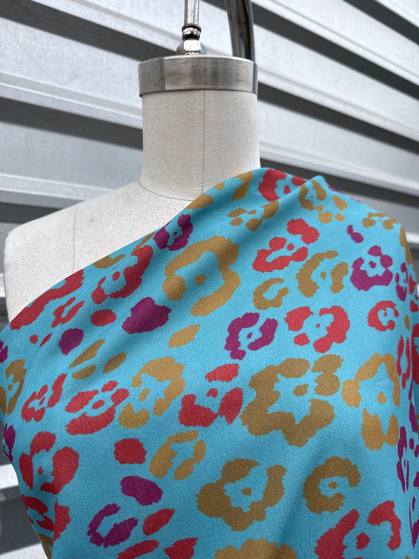 Blue Orange Yellow  Leopard Print Polyester Crepe "Meow Blues"
