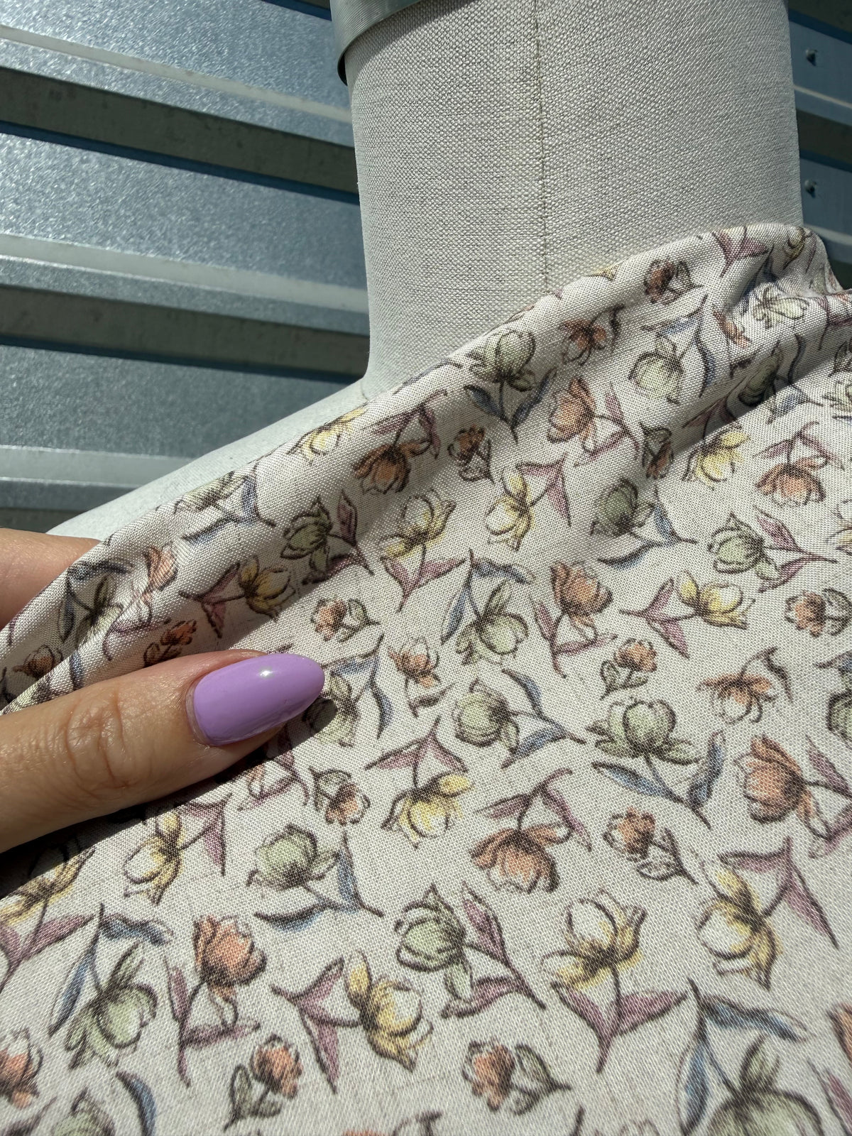 Taupe Green Yellow Peach Ditsy Tulip Floral Rayon Crepe Woven "Mini Blooms"