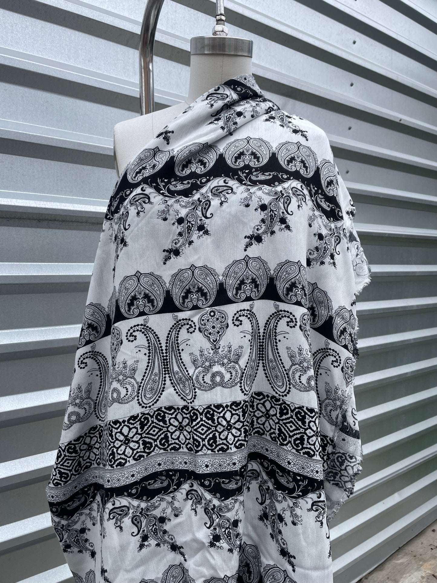 Black White Paisley Boho Print Soft Rayon Crepe "ABQ Vibes"