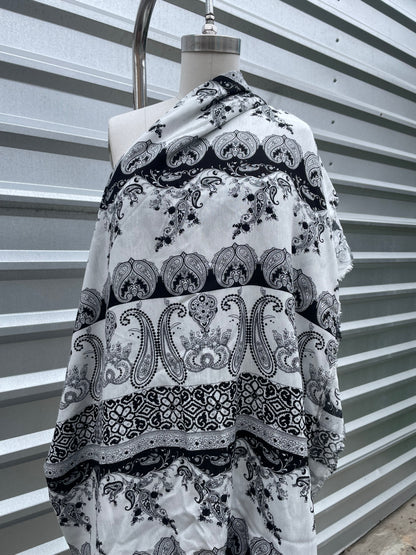 Black White Paisley Boho Print Soft Rayon Crepe "ABQ Vibes"